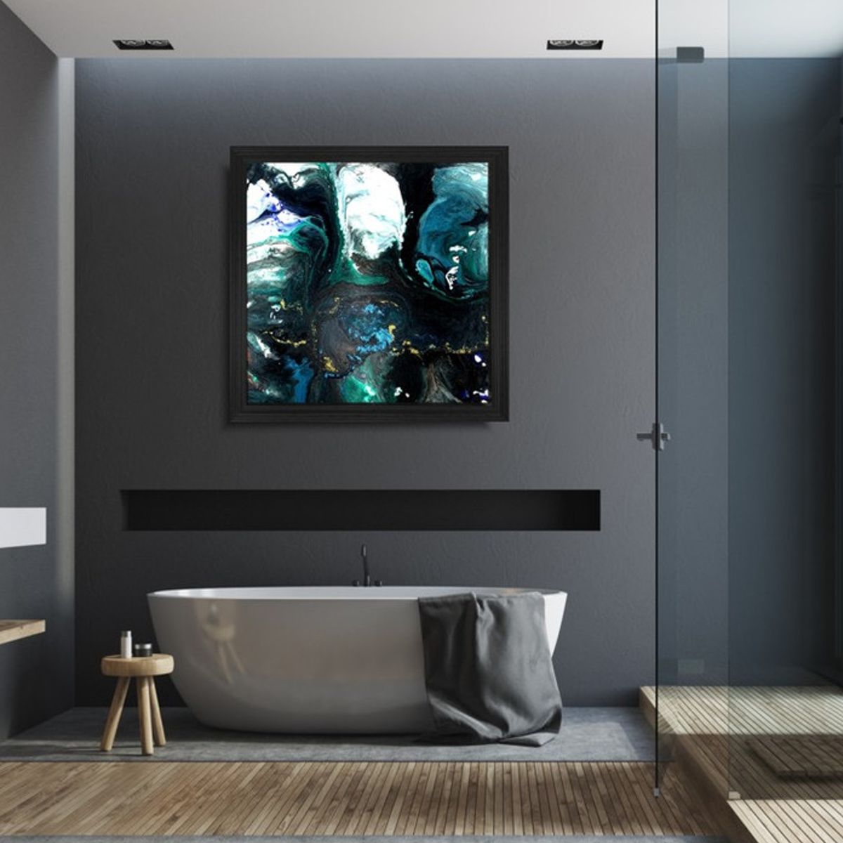 Abstrakcja w ramie pouring 2027Z "Ziemia z kosmosu" 100x100cm