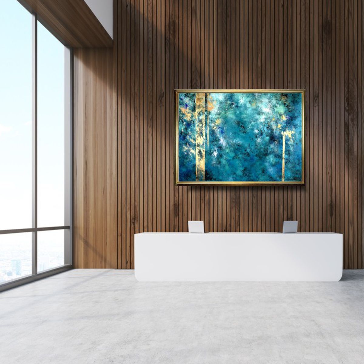 Turkusowa abstrakcja 2030Z "Złote pasy" 140x100cm