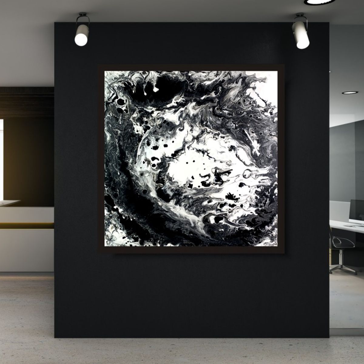 Czarno białą abstrakcja pouring 2086Z "Koniec wszechświata" 100x100cm