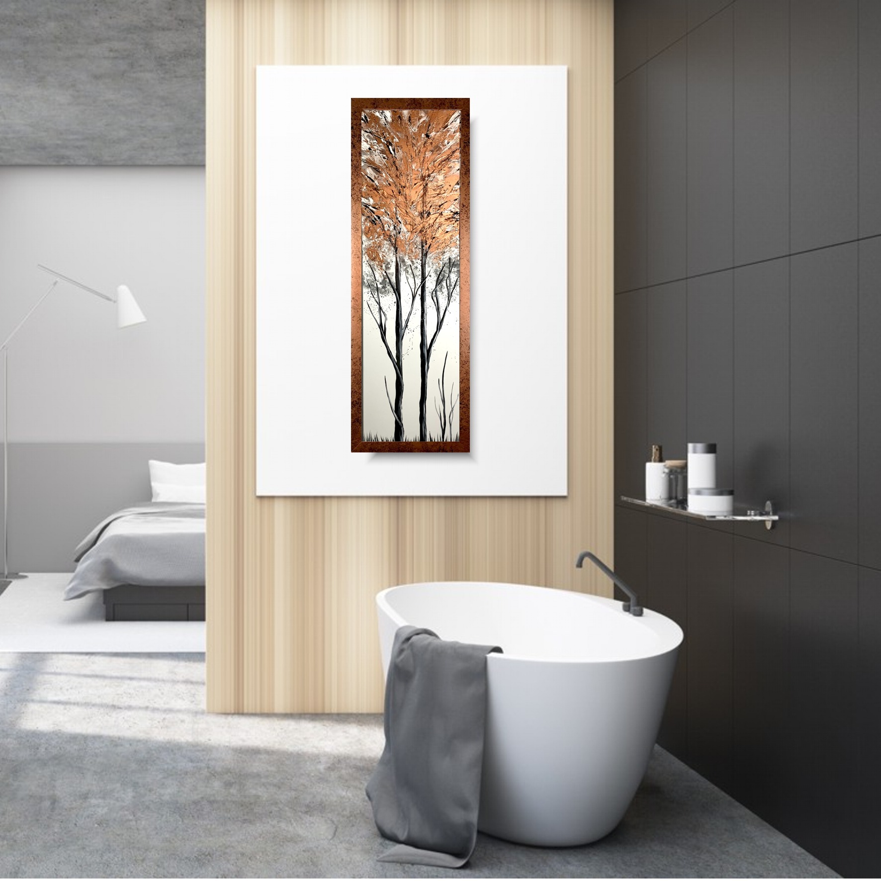 Obrazy malowane farbami 2241Z "Miedziane brzozy" 100x30cm