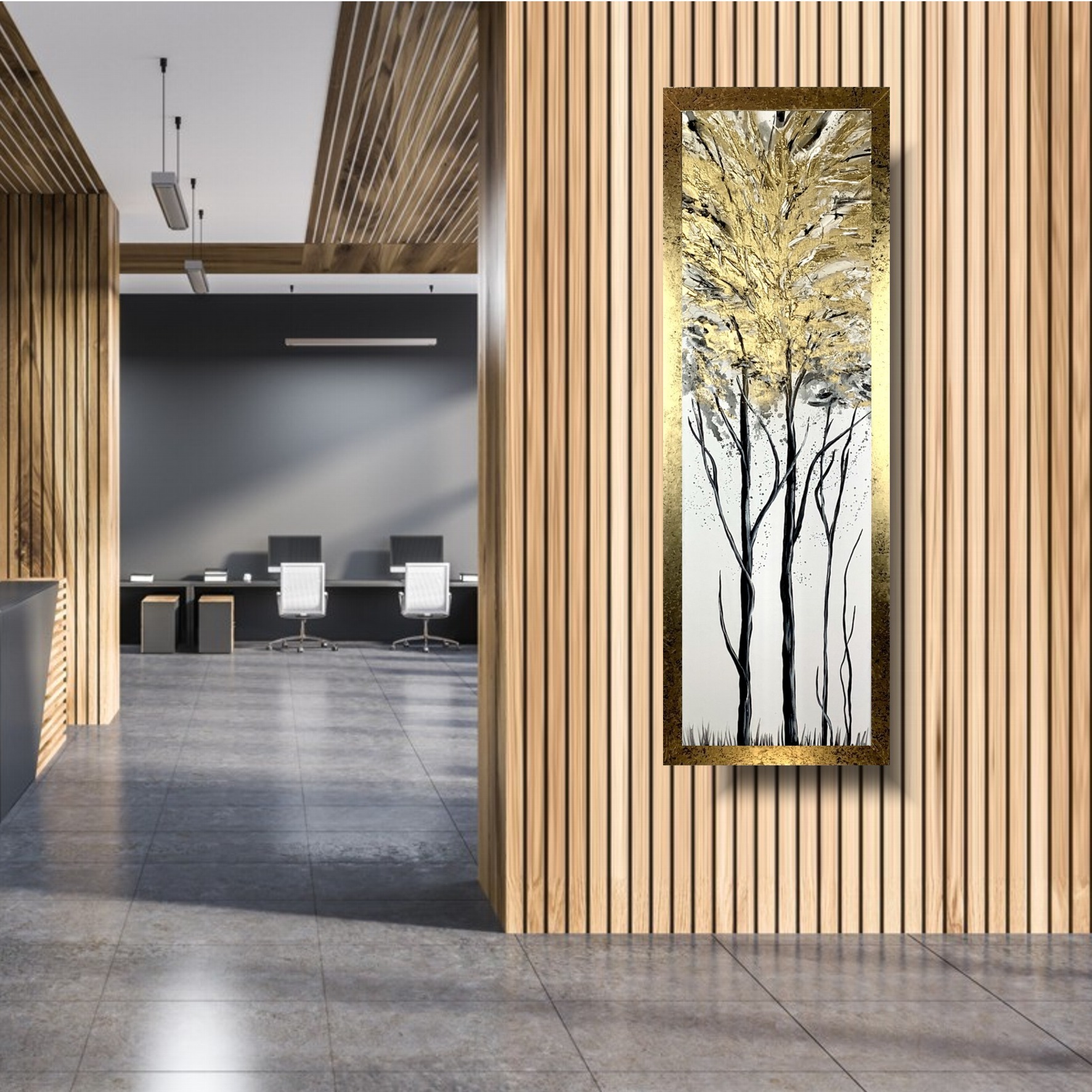 Obraz na płótnie ręcznie malowany 2064Z “Złote drzewo” 100x30cm