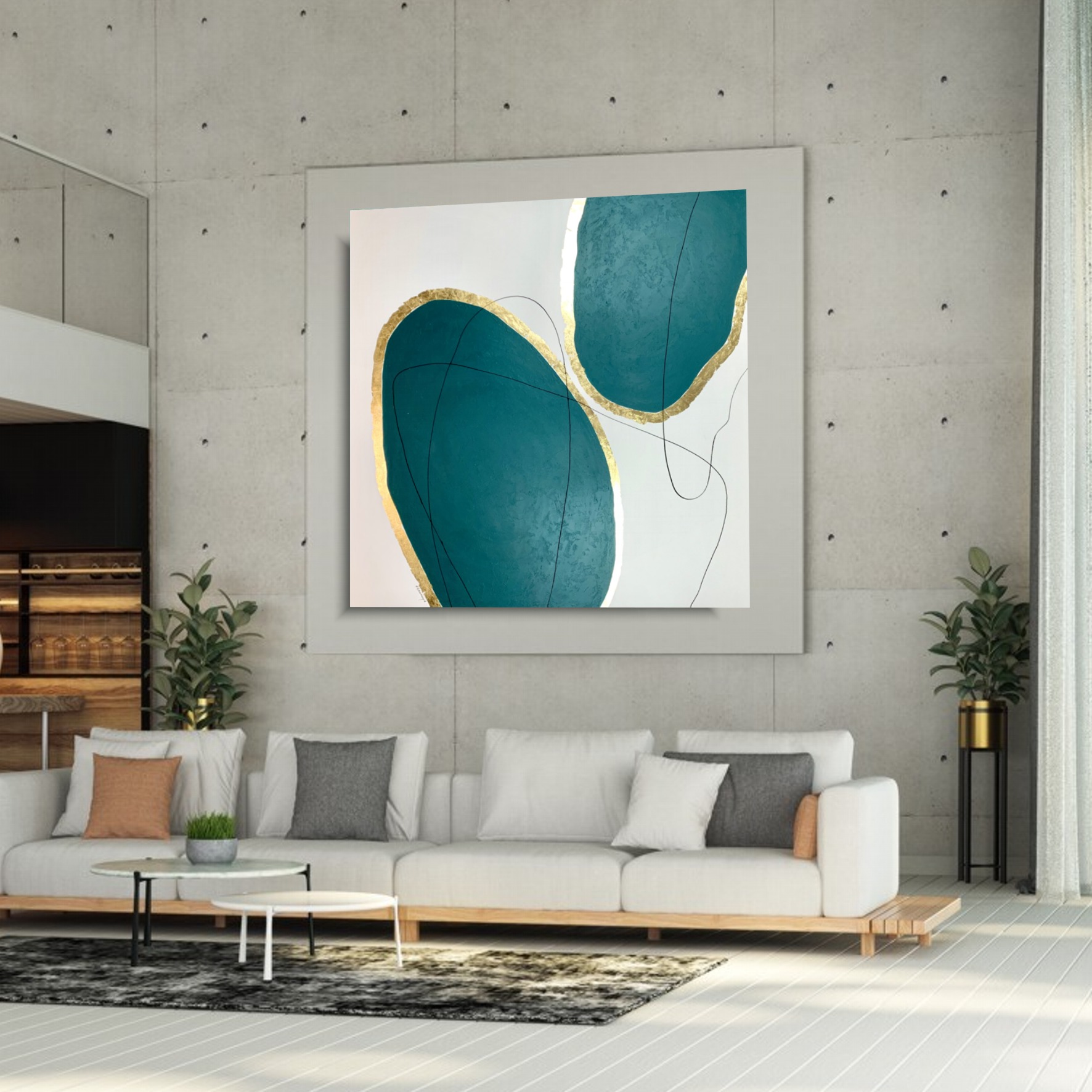 Geometryczna abstrakcja 2077Z "Szmaragdowe kamienie" 140x140cm