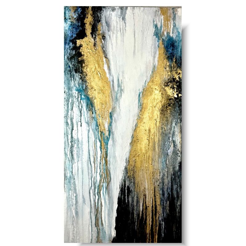 Obraz do salonu abstrakcja nowoczesne obrazy, w pionie z złoto granatowej kolorystyce