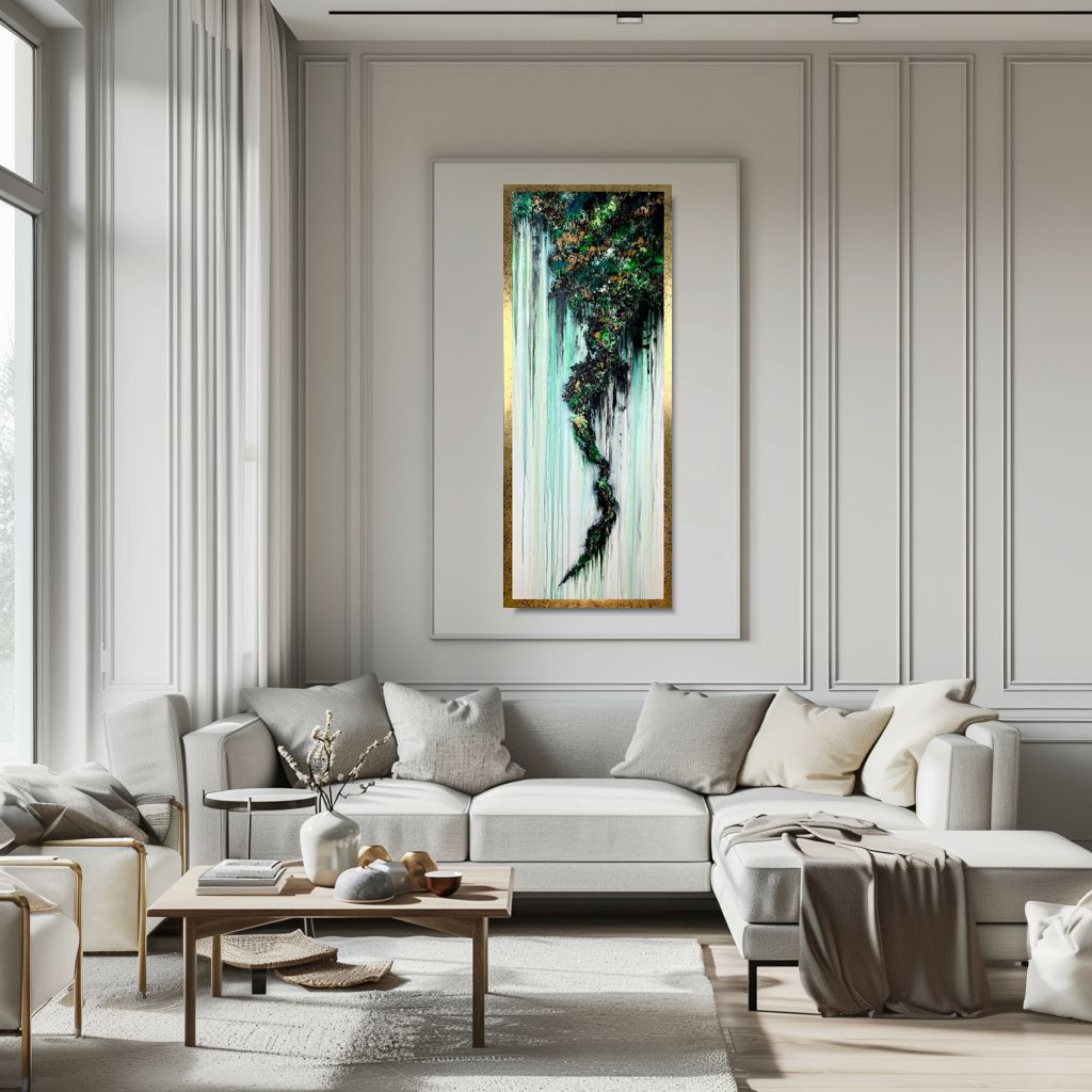 duża abstrakcja w ramie, obraz abstrakcyjny, pionowy, obraz, zielony obraz, zielona abstrakcja