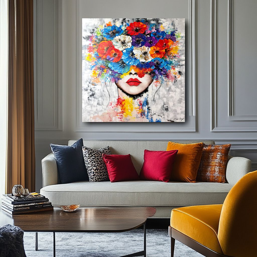 Kolorowy obraz przedstawiający kobiecą twarz ukrytą pod bukietem intensywnych, abstrakcyjnych kwiatów na szarym tle