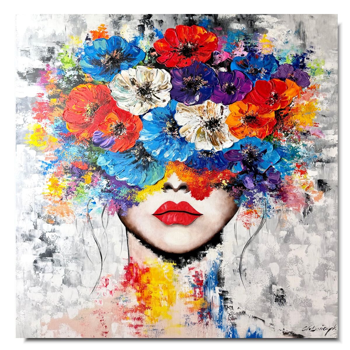 Kolorowy obraz przedstawiający kobiecą twarz ukrytą pod bukietem intensywnych, abstrakcyjnych kwiatów na szarym tle