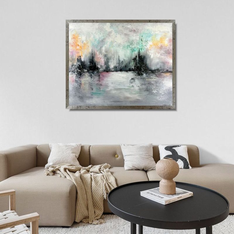 Nowoczesna abstrakcja w pastelowych kolorach i srebrnej ramie