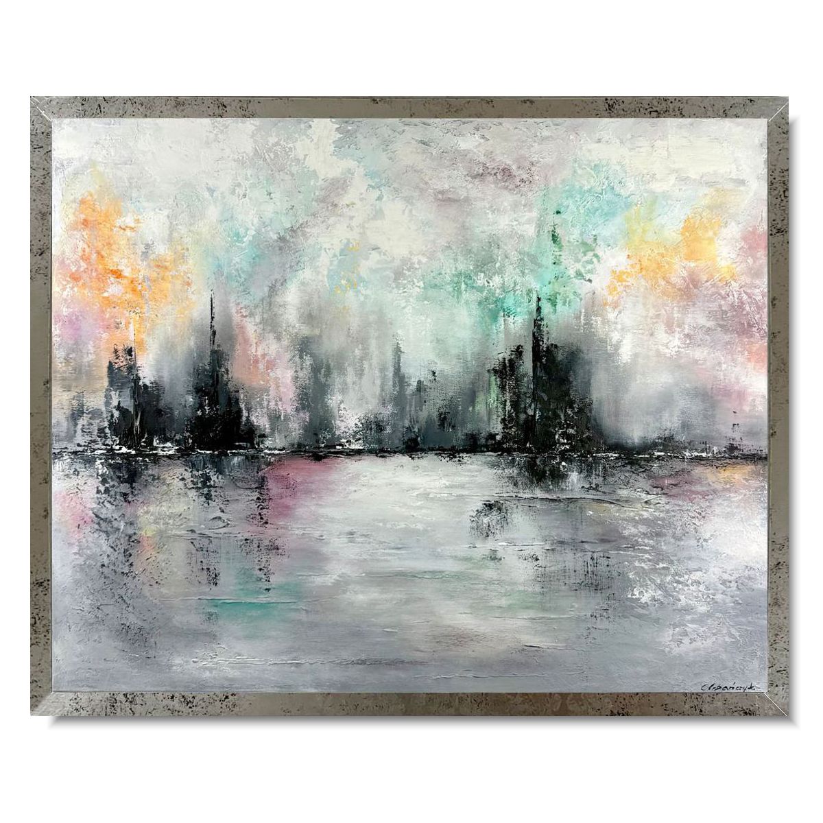 Nowoczesna abstrakcja w pastelowych kolorach i srebrnej ramie