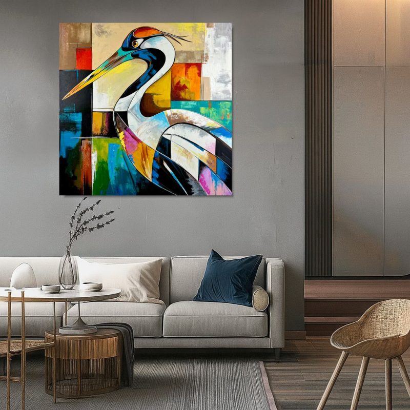 Kolorowy obraz abstrakcyjny z ptakiem inspirowanym czaplą lub żurawiem