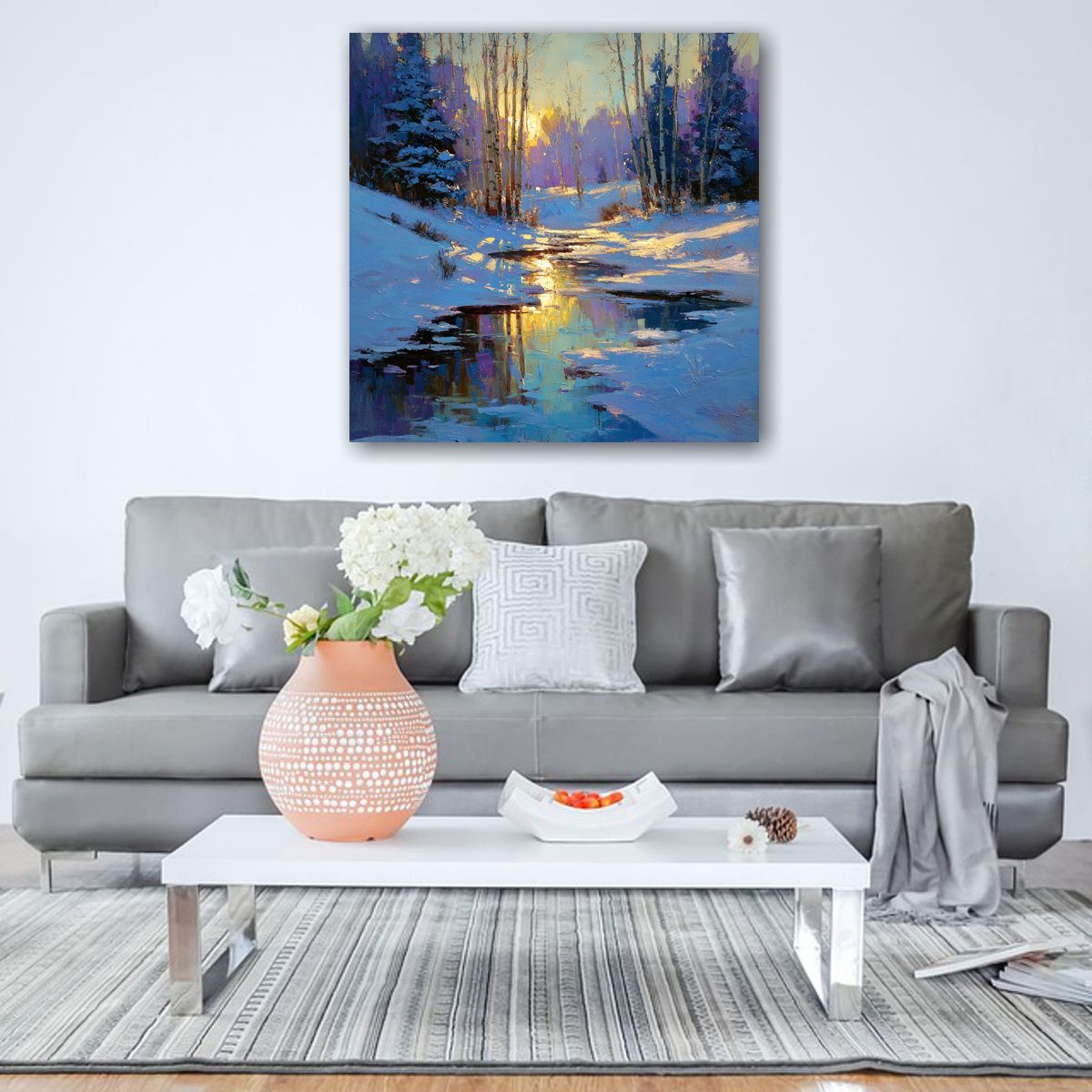 zimowy obraz abstrakcja na ścianie salon