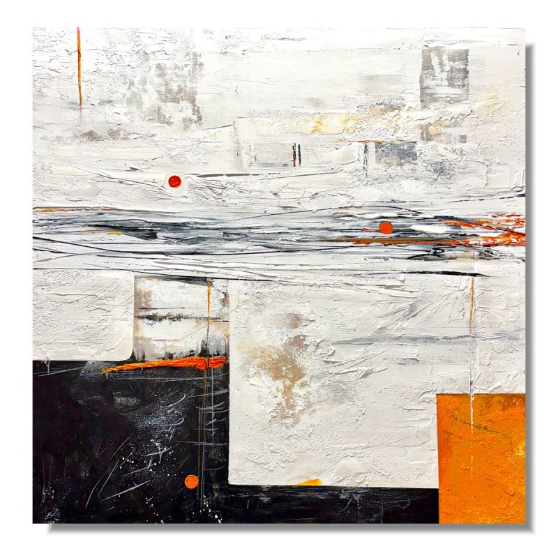 Obraz abstrakcyjny w jasnej kolorystyce z pomarańczowymi akcentami i wymiarze 100x100cm