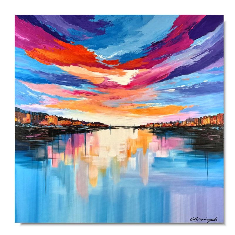 obraz marynistyczny morski pejzaż z zachodem słońca