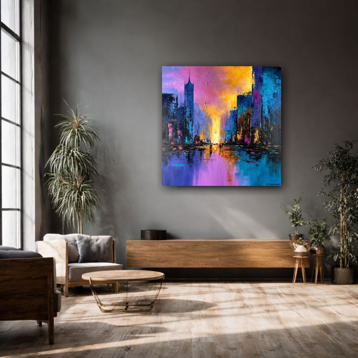 obraz miasto w kolorach fiolet, granat, róż i żółty we wnętrzu