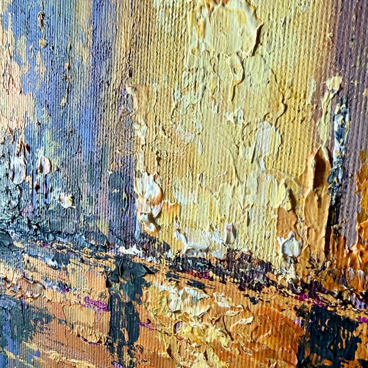 obraz miasto w kolorach fiolet, granat, róż i żółty faktura farby