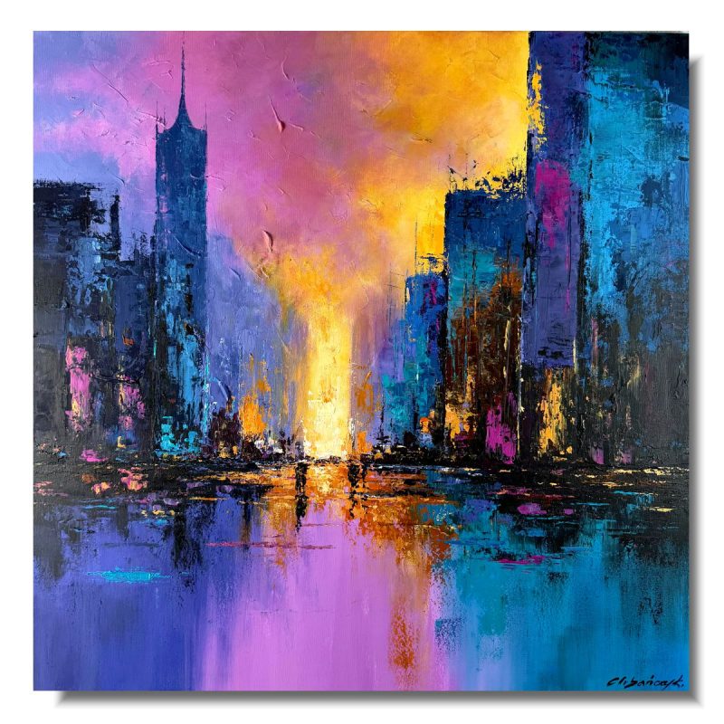 obraz miasto w kolorach fiolet, granat, róż i żółty