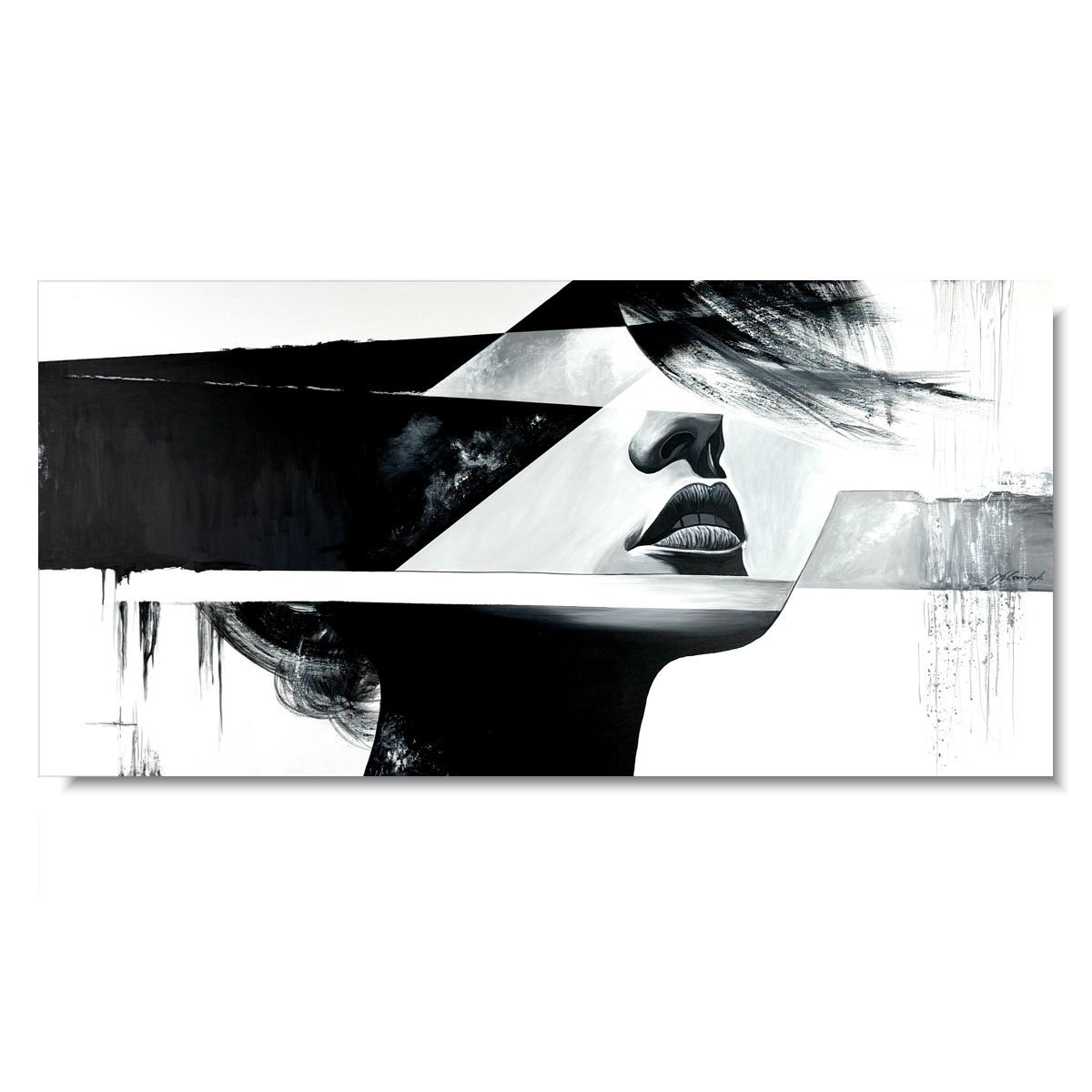 czarno biały portret abstrakcyjny ręcznie malowany