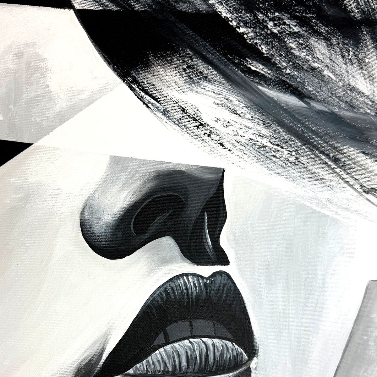 czarno biały portret abstrakcyjny ręcznie malowany zbliżenie